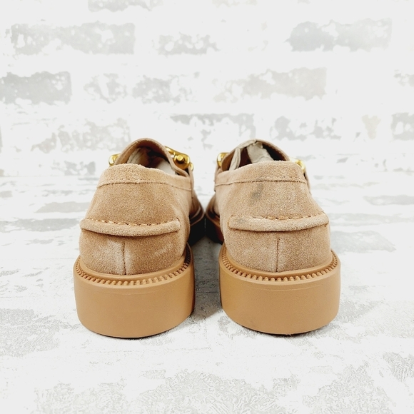 New Steve Madden Karmine Gleaming Tan Suede Goldtone Hardware Loafer W298 - Picture 3 of 11